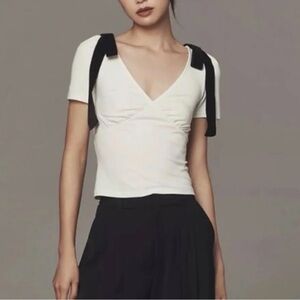 Anthropologie Ivory V-Neck Short Sleeve Top with Black Shoulder Ties